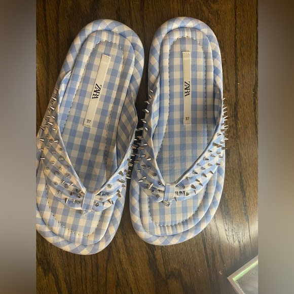 Zara gingham blue spikes slippers unworn new size EUR 37 or 7 US - Picture 2 of 3